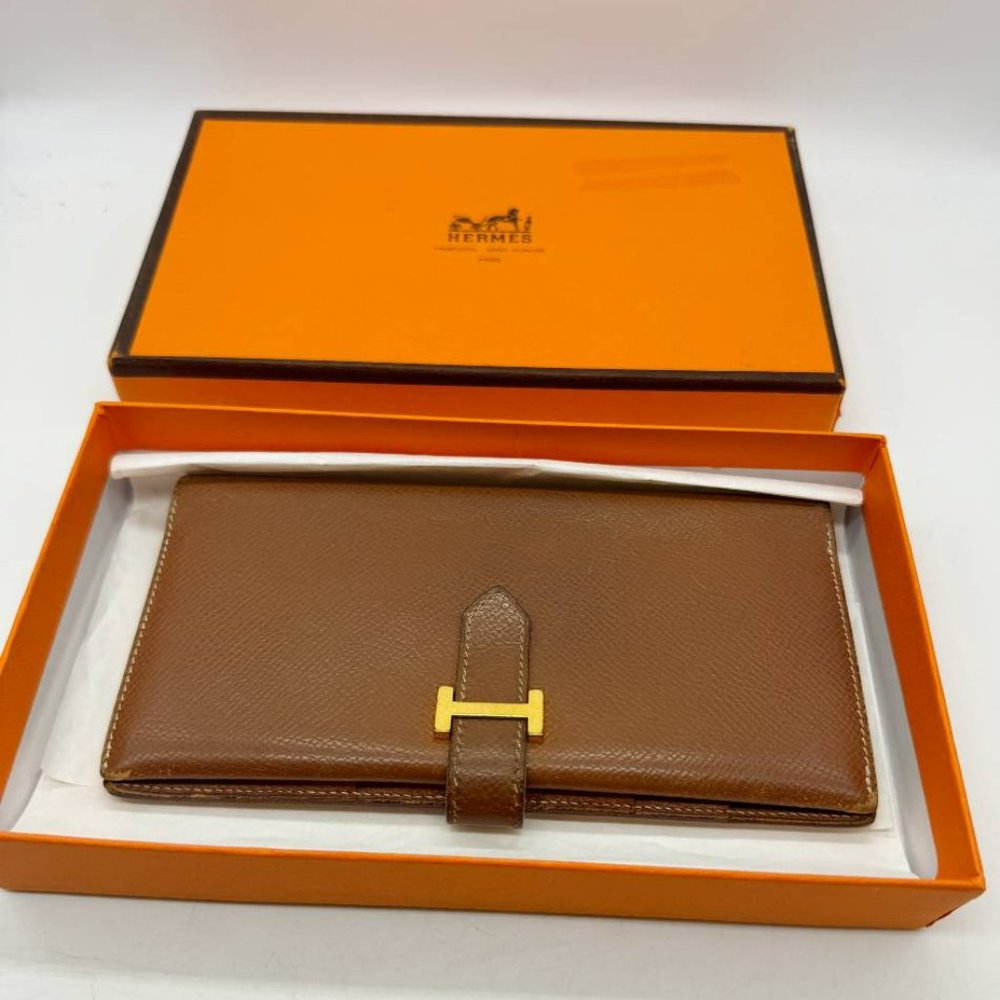 HERMES Bearn Brown Leather Long Bifold Wallet